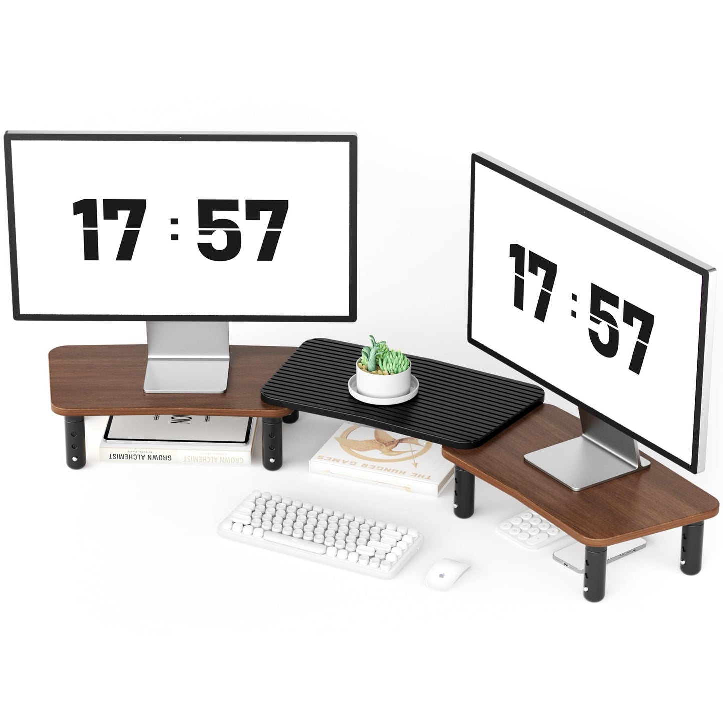 AFOOYO Dual Monitor Stand For Desk,Adjustable Height Long Wood Computer Riser For Computer,Laptop,Printer,TV,Walnut