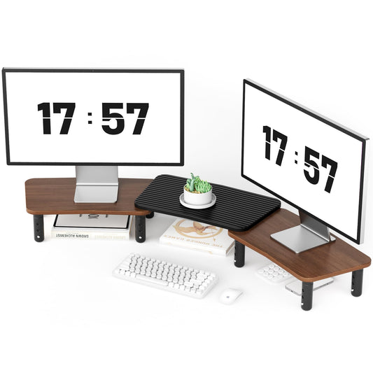 AFOOYO Dual Monitor Stand For Desk,Adjustable Height Long Wood Computer Riser For Computer,Laptop,Printer,TV,Walnut
