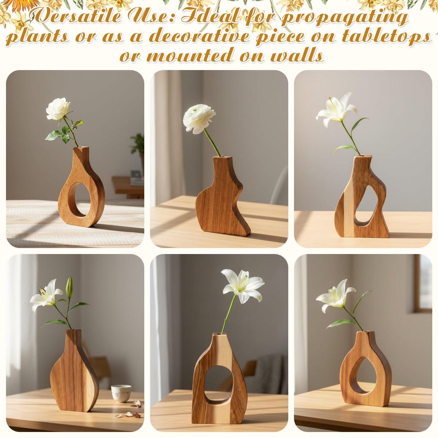 Blulu Set of 12 Small Wooden Vases Bulk for Centerpiece Mini Acacia Wood Vase for Faux Flowers Housewarming Gift Boho Minimalist Home Decor for Kitchen Table Living Room(Natural)