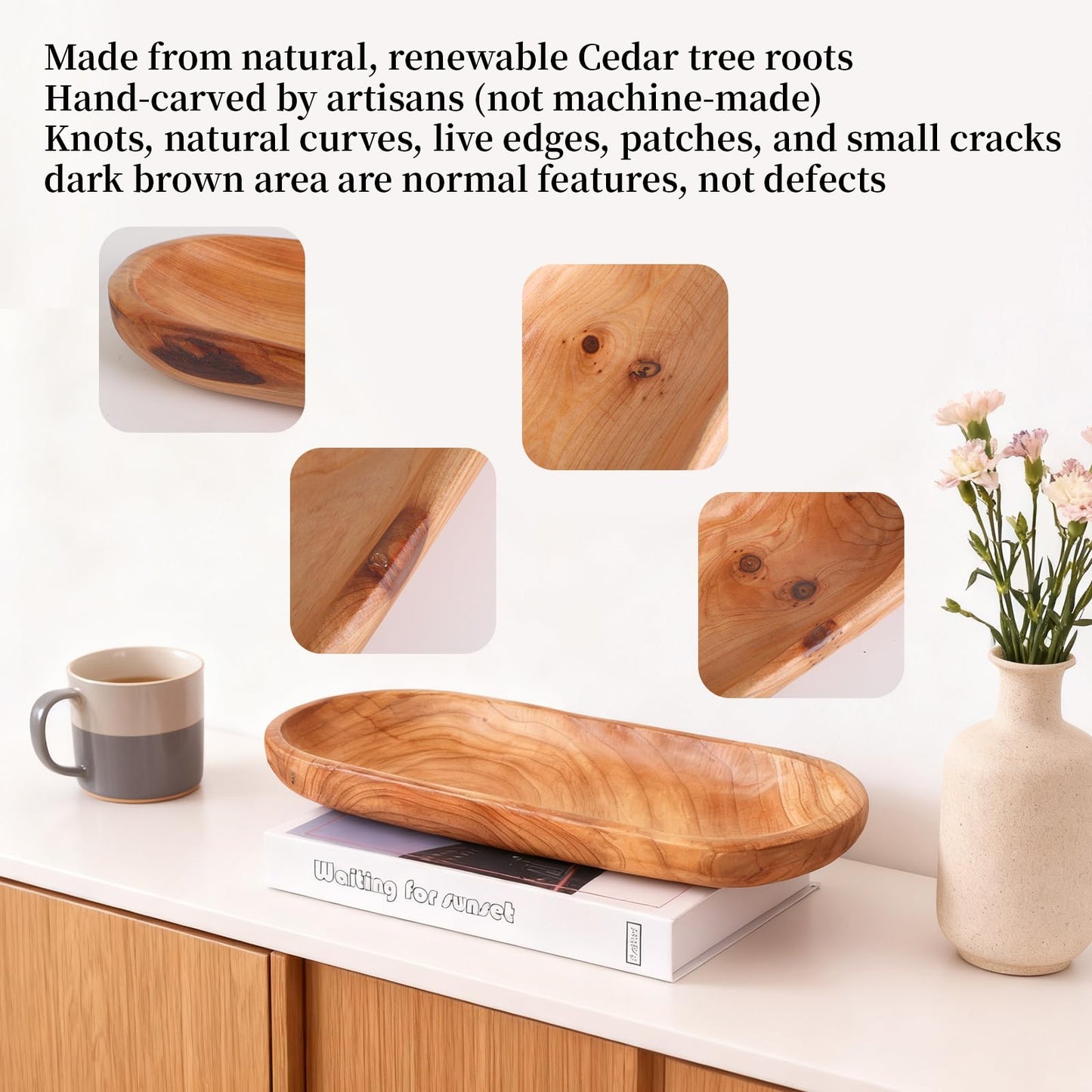 Wenrulgar 14.17" Middle Decorative Tray Wooden Fruit Bowl For Decor Oval Rustic Wooden Candle Holder Key Candy Tray For Decor Entry Table Kitchen Centerpiece