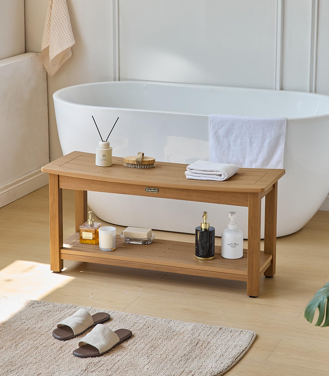 36'' Large Shower Bench Seat, Poly Lumber Bath Stool for Inside Shower Waterproof, HDPS Bathroom Chair for Shaving Legs with Adjustable Feet, Non-Slip & No Maintenance, Brown