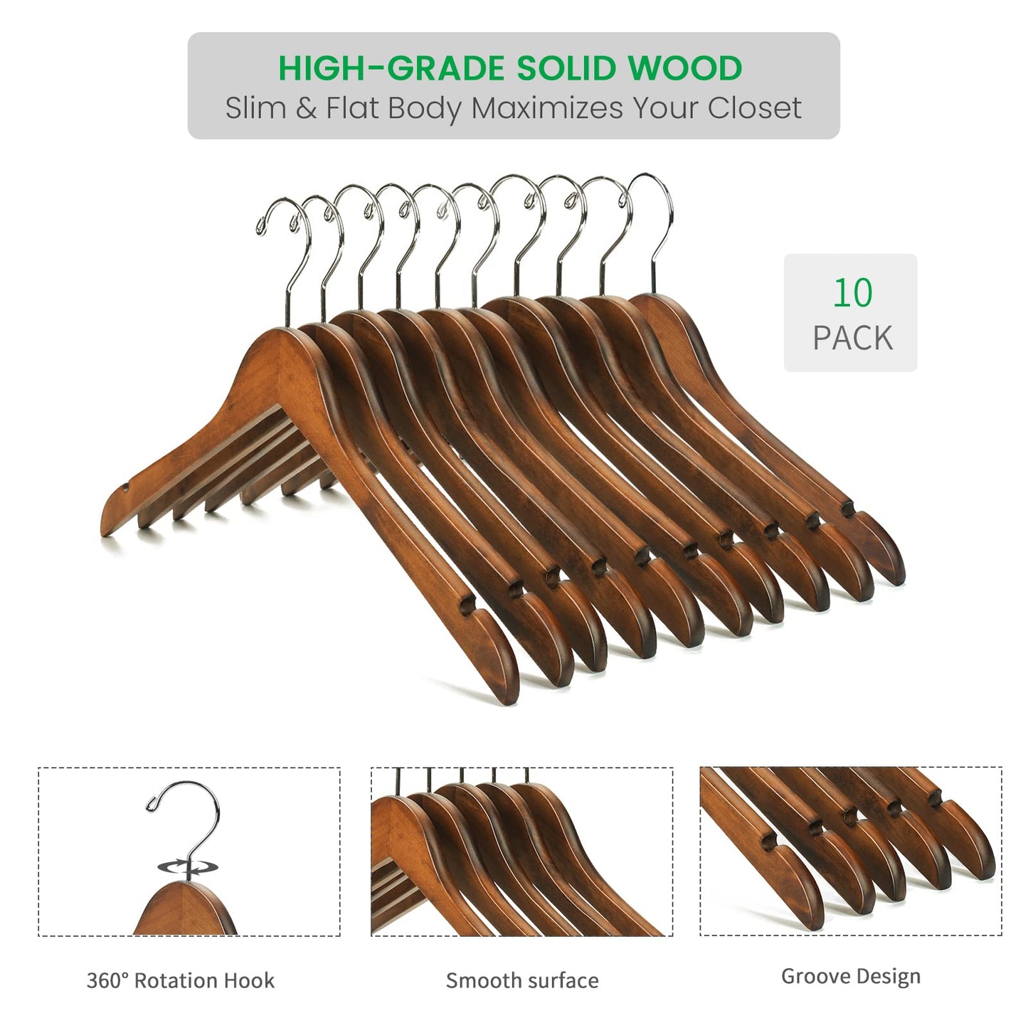 Nature Smile Wooden Coat Hangers Solid Wood Shirt Dress Clothes Hangers(10pcs Retro)