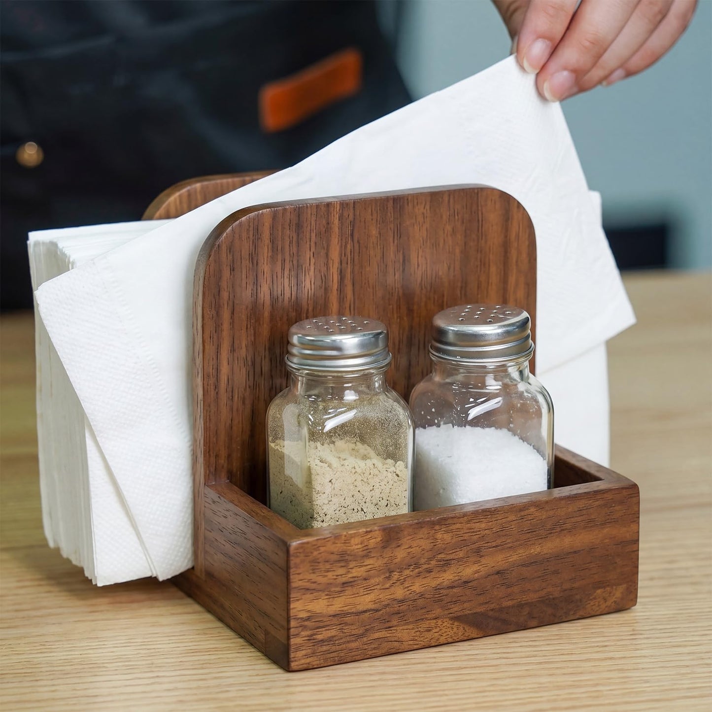 Mifoci 2 Pcs Acacia Wood Napkin Holder for Table Farmhouse Wooden Napkin Holder with Salt and Pepper Shakers Condiment Caddy Standing Paper Storage Centerpiece for Kitchen Dining Table Decoration