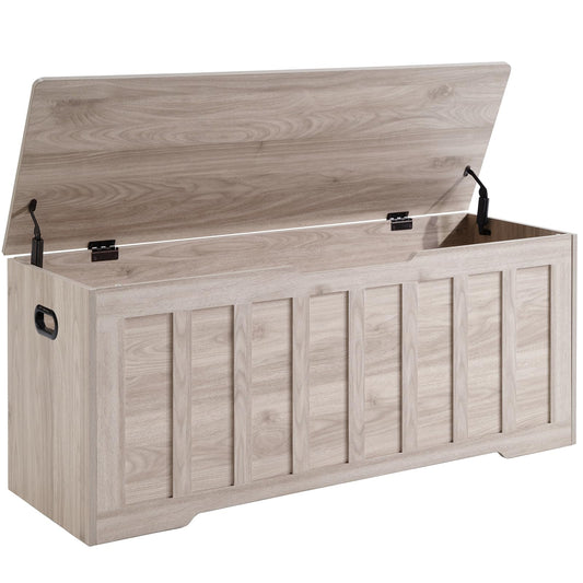 DUMOS 47.2" Extra Large Wooden Storage Chest Trunk Bench with Gel Safety Hinges, 150lbs Heavy Organizer, U-Cut Handles, Non-Slip Base, Bedroom Living Room Entryway, Grey