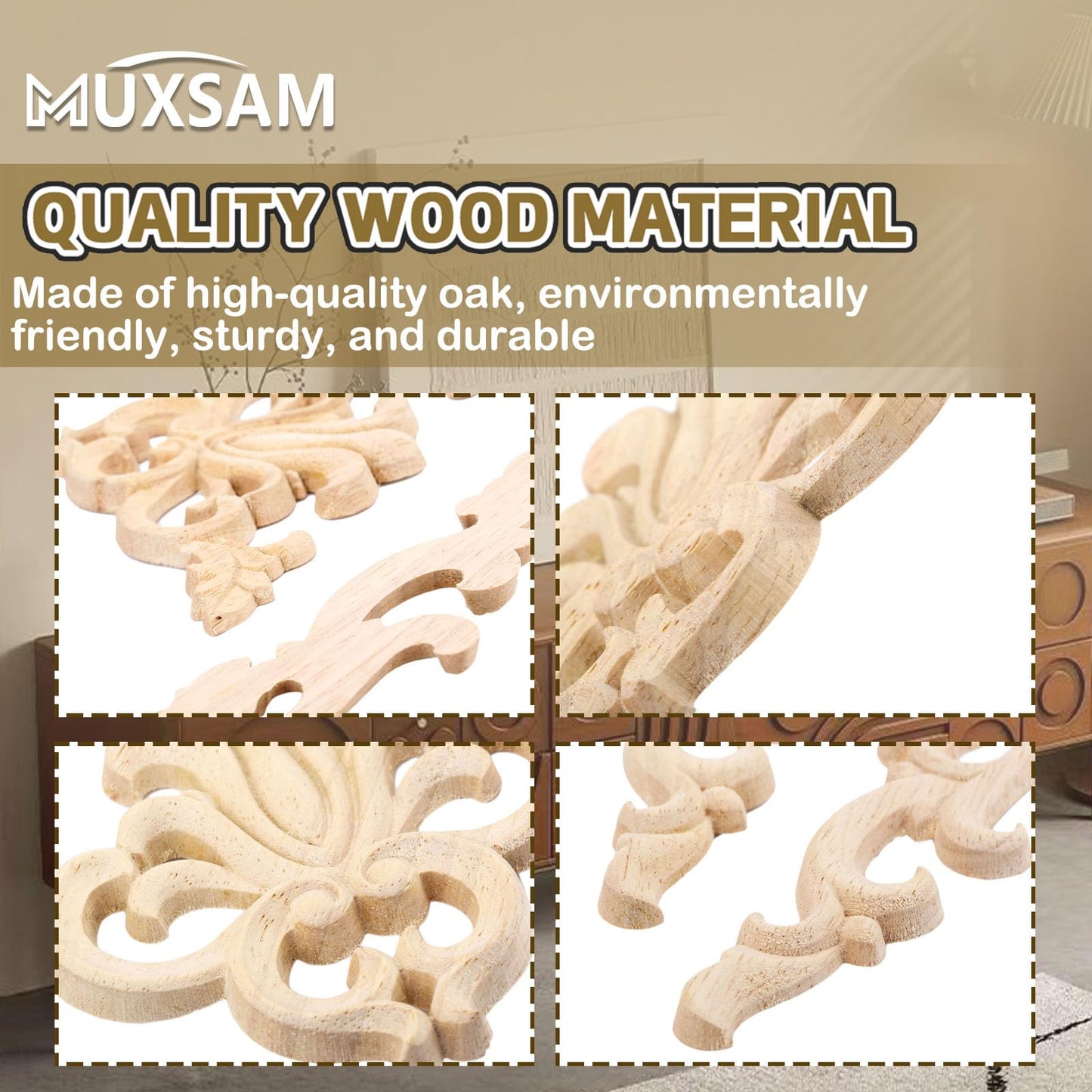 MUXSAM 1-Pair Wood Carved Onlays, 20x10cm/7.87"x3.94", Left&Right Decorated Furniture Appliques, Wooden Carving Corner Decals for Cabinet Drawer Cupboard Dresser Mirror Door Wall Bed DIY Projects