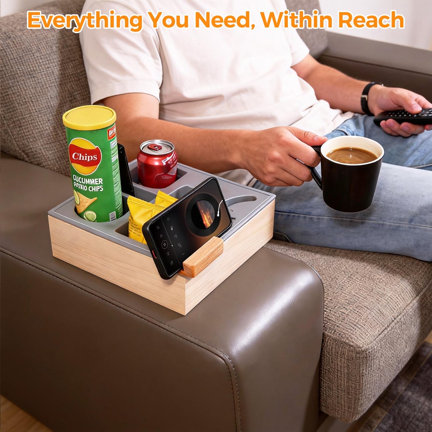 ThinRinRin Wooden Couch Cup Holder Tray with Phone Holder and Couch Caddy