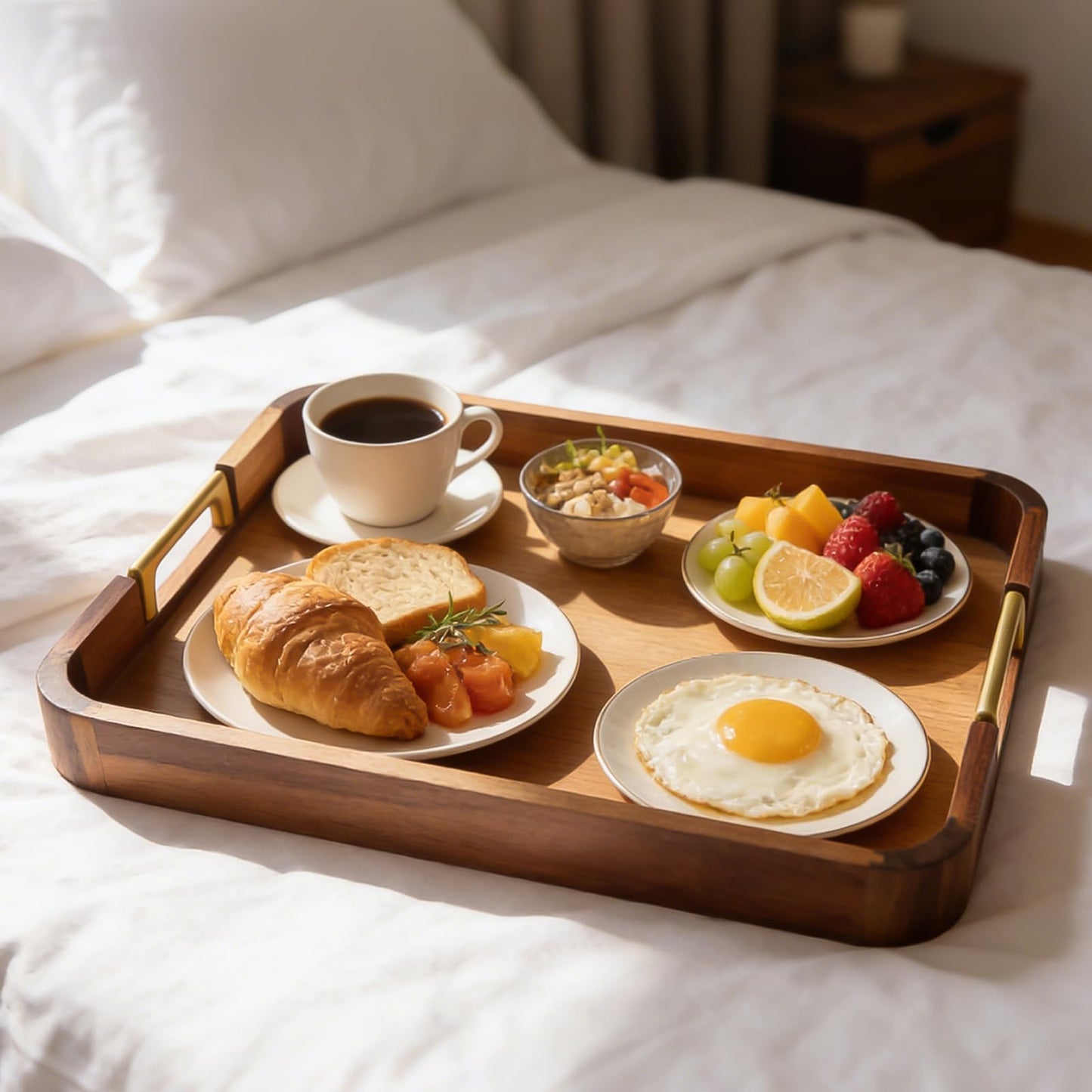 Wooden Serving Tray with Handle 16.7″ Acacia Wooden Tray for Ottoman Rectangle Ottoman Table Tray Serving Tray for Ottoman Decorative Tray for Dinner Breakfast Entertaining Guests
