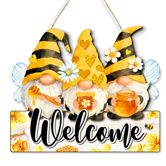 Summer Welcome Wooden Hanging Sign,Bee Gnome Summer Wooden Door Signs for Front Door Wall Porch Yard Indoor Outdoor Garden Decoration