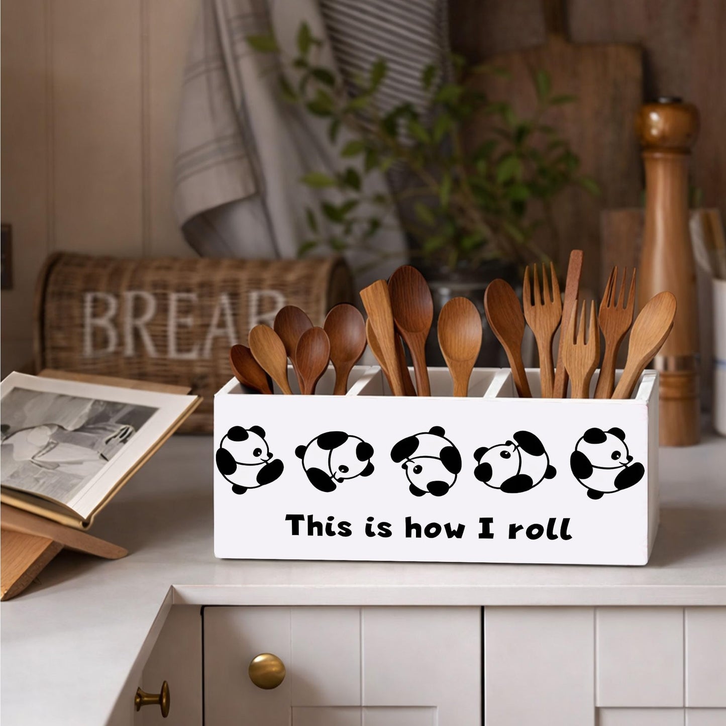 GGED Wooden Desk Organizer with Panda Design, 3 Compartment Pen Pencil Holder, Decorative Office Supply Storage Box for Home, Office, Desk Table, Gift for Friends and Coworkers