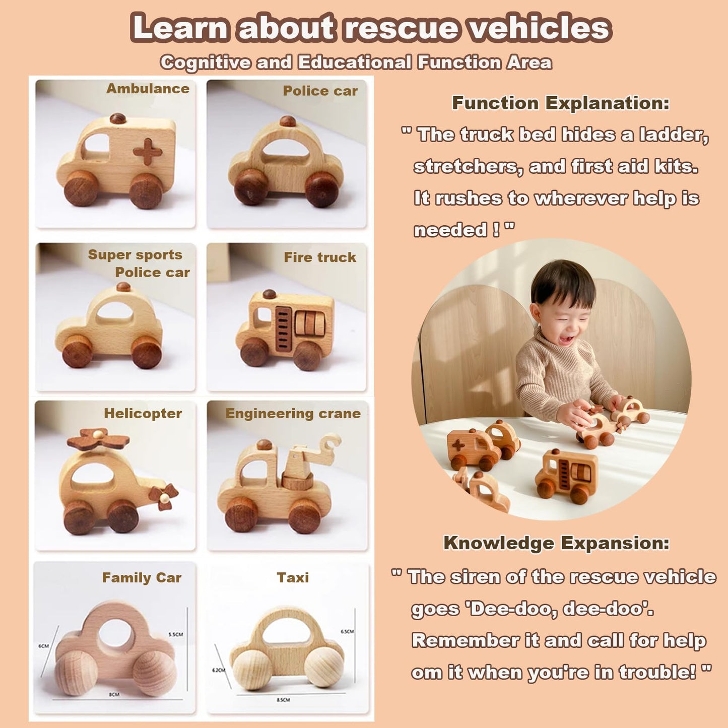 OKULLYSH 8PCS Wooden Baby Toys Montessori Cars FSC Gift Boys Girls 1-3