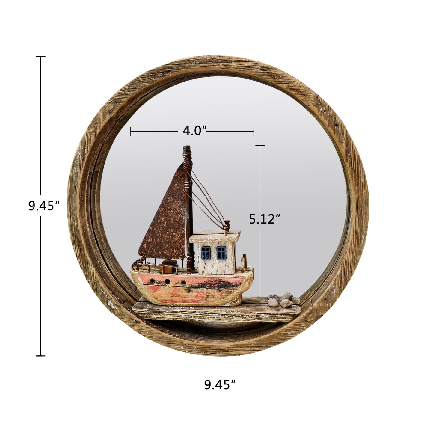 Nautical Wood Wall Decoration Hanging Circle Mirror Sailboat Sign Wooden Sailing Boat Rustic Home Decor Ocean Wall Art Beach Themed Ornament for Door