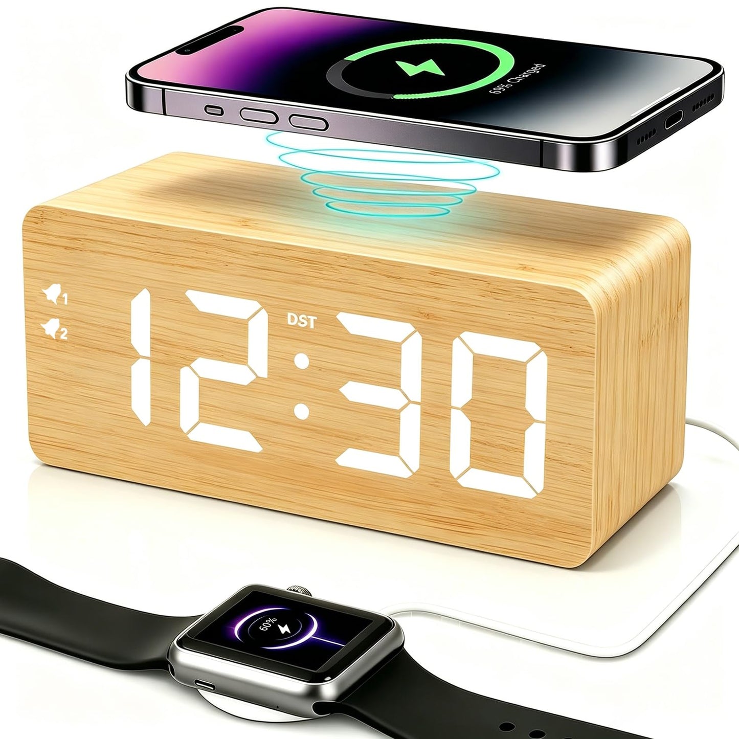 URAYCO Wood Digital Alarm Clock with 10W Fast Wireless Charger, USB Charging Ports, DST, Dimmable, Snooze, Large Number LED Display for Bedrooms, Desk, Living Room Table, Bedside, Nightstand (Bamboo)