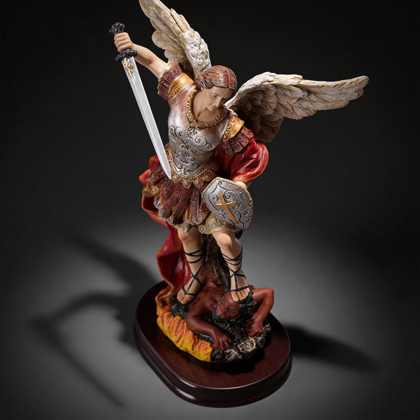 ASTARIKO Catholic St. Michael the Archangel Statue - 11.2” H Hand-Painted Resin Figurine on Premium Wooden Base, Saint Michael Defeating Satan Religious Gifts for Home Decor