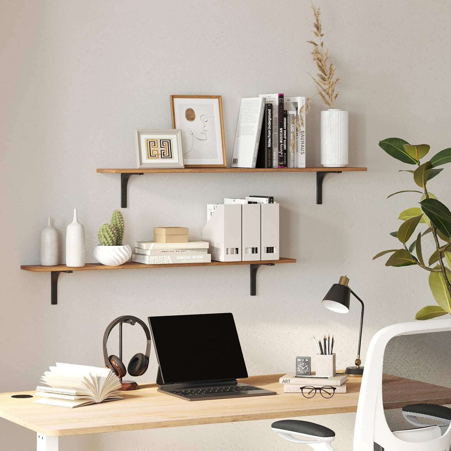 DINZI LVJ Long Wall Shelves, 31.5 Inch Wall Mounted Shelves Set of 2, Easy-to-Install, Wall Storage Ledges with Sturdy Metal Brackets for Living Room, Bathroom, Bedroom, Kitchen, Rustic Brown