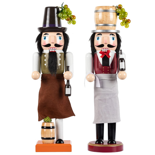 KI Store Wooden Nutcracker Figure Wine Maker Nutcrackers 14-inch Set of 2 Christmas Nutcracker Decorations for Kitchen Dinning Room Bar Table