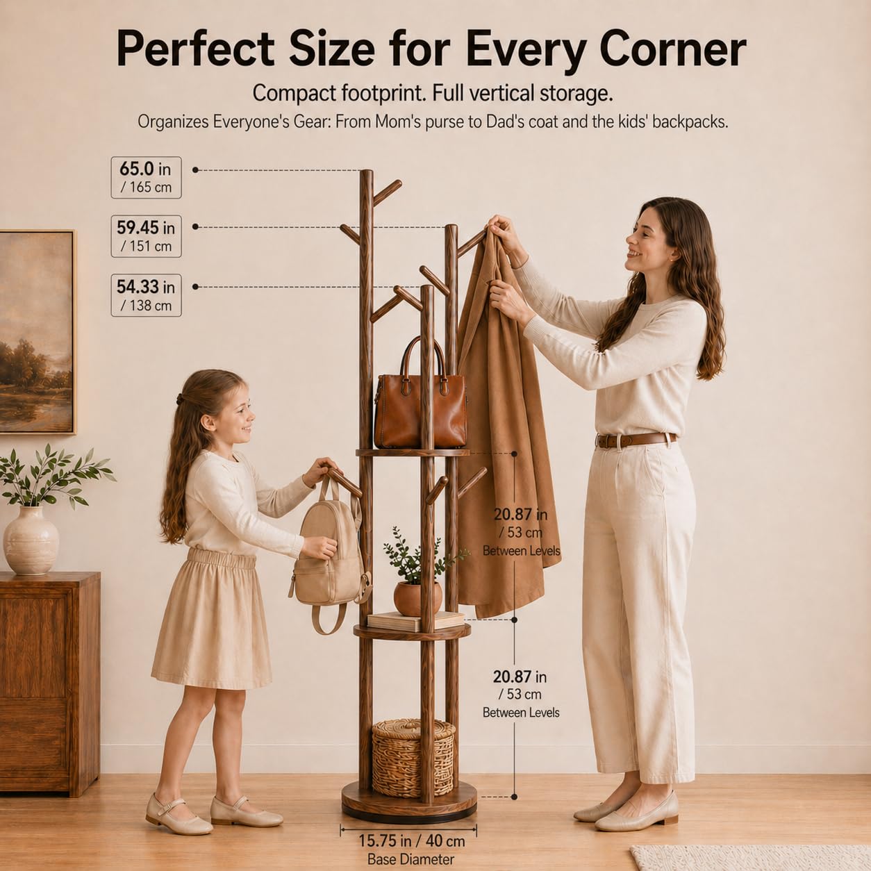 Solid Wood Rotating Coat Rack Freestanding, 360° Coat Tree with 3 Shelves & 9 Hooks, Heavy Duty Rubberwood Coat Hanger Stand, Hat Rack Hall Tree for Entryway Bedroom Office Hallway, Walnut