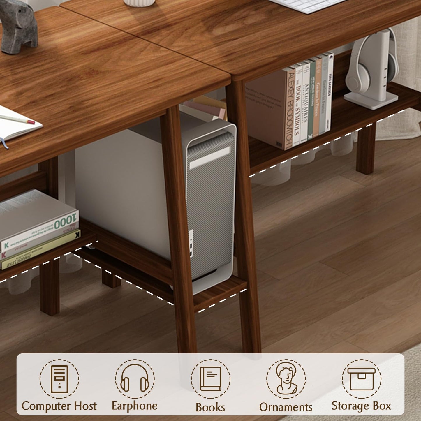 NELYE 2-Person Writing Desk with Bookshelf - 79" Wooden Extra Long Home Office Work Table, Double Study Computer Workstation with Storage Shelves in Walnut, 79" W x 24" D