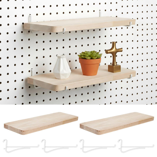 2 Pack Pegboard Shelves, Solid Wood Wall Shelf with Hooks, Solid Wood Pegboard Shelf, High Balance and No tilt, Wooden Pegboard Shelves for Metal Pegboard, Organizer Accessories for Home & Office