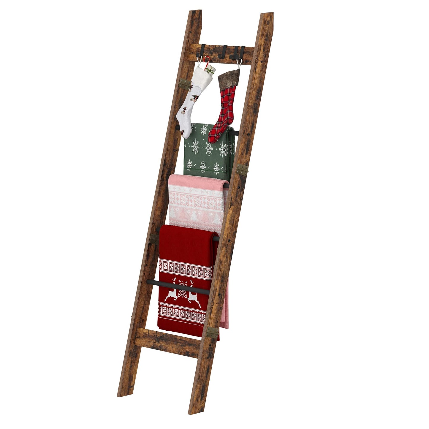 Hzuaneri Blanket Ladder for Living Room, Decorative Quilt Rack with 4 Removable Hooks, 5-Tier Farmhouse Ladder Holder Shelf Organizer for Bedroom, Rustic Brown and Black BR31501B
