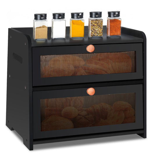 Gifhomfix Bread Box for Kitchen Countertop, Bread Storage Container for Homemade Bread, Double Layer Wooden Breadbox Holder for Counter, Farmhouse Extra Large Loaf Keeper Bin with Vintage Window Black
