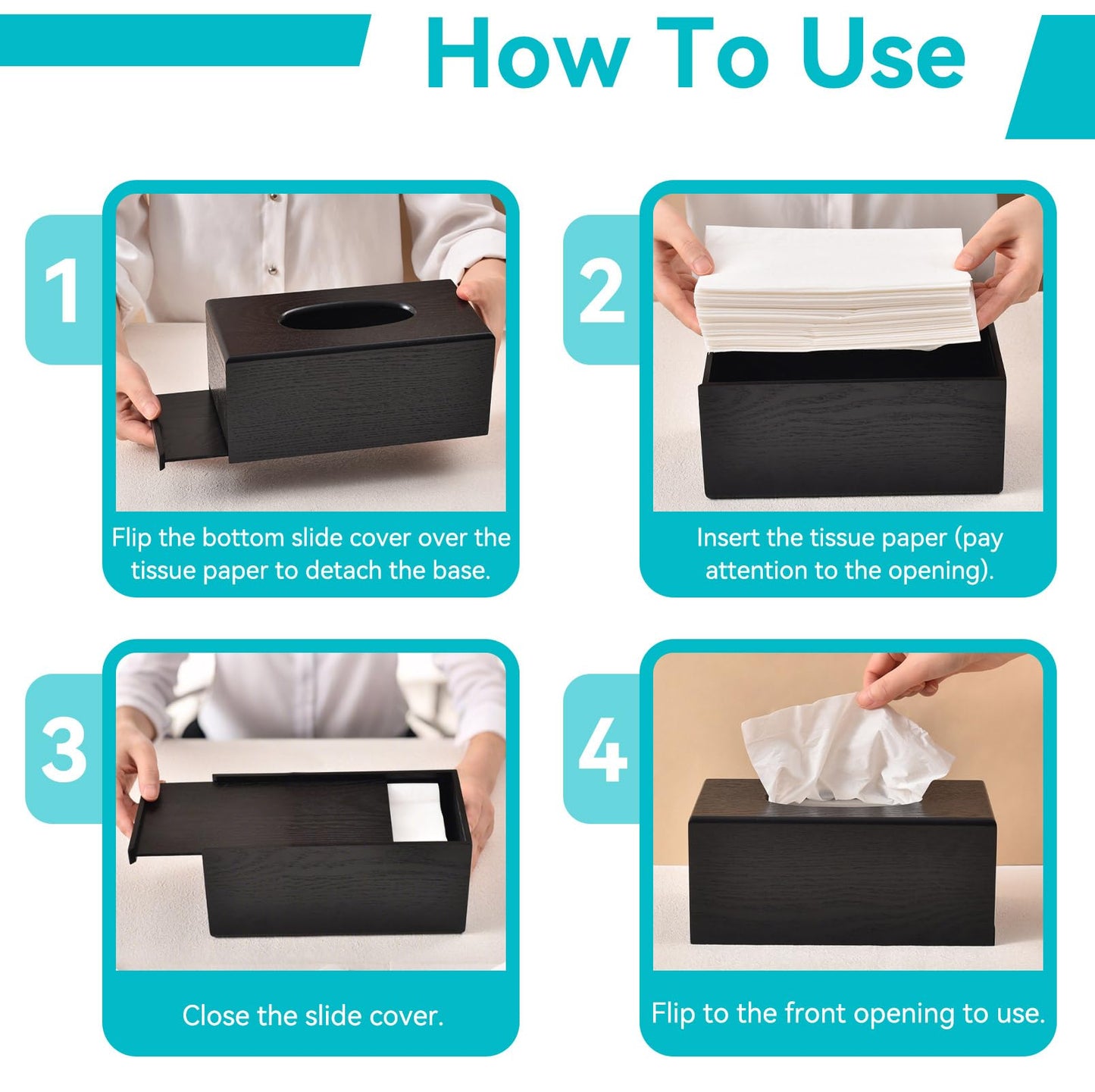 Wood Grain Tissue Box Cover with Easy Refill Slide Out Bottom, Modern Black Decorative Wooden Tissue Box Cover Rectangle Refillable Bathroom Facial Napkin Tissuebox Cover Holder (Black)