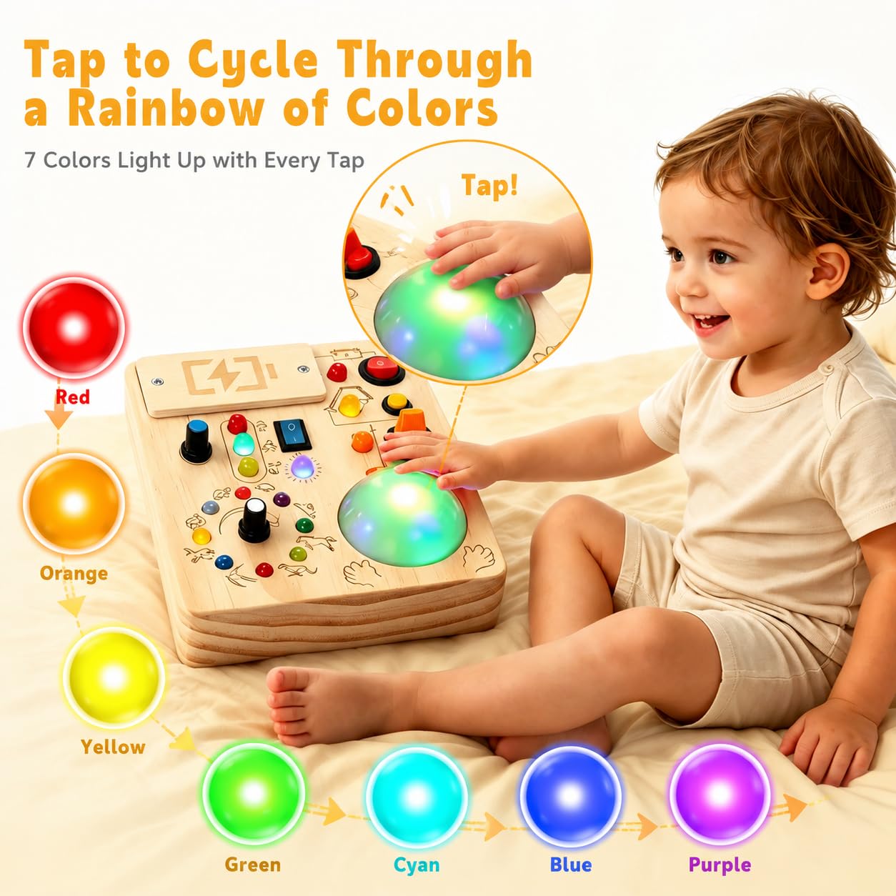Toddler Busy Board ,Montessori Toy with Tap Light ,6.9"x5.9" Wooden Busy Board with LED Traffic Light for Kids , Travel Sensory Toys for 1+ Year Old baby Christmas/Birthday Gift(Battery Not Included)