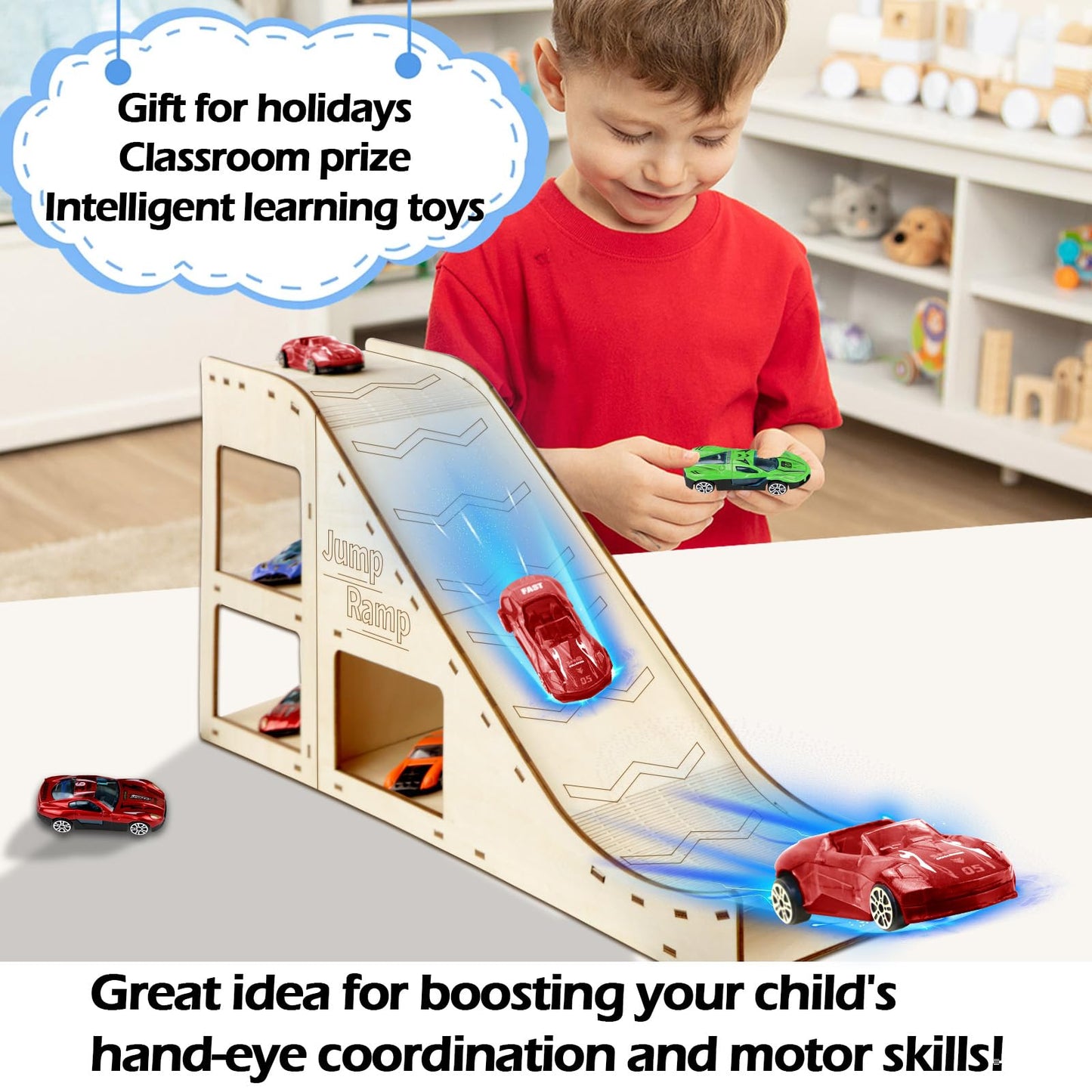 Wooden Toy Cars Jump Ramp, Toy Car Track Set for Hot Wheels, Race Cars Track for Hot Wheels and Diecast Cars, Wood Jump Ramp for Hotwheels, Playing Storage Display Race Set