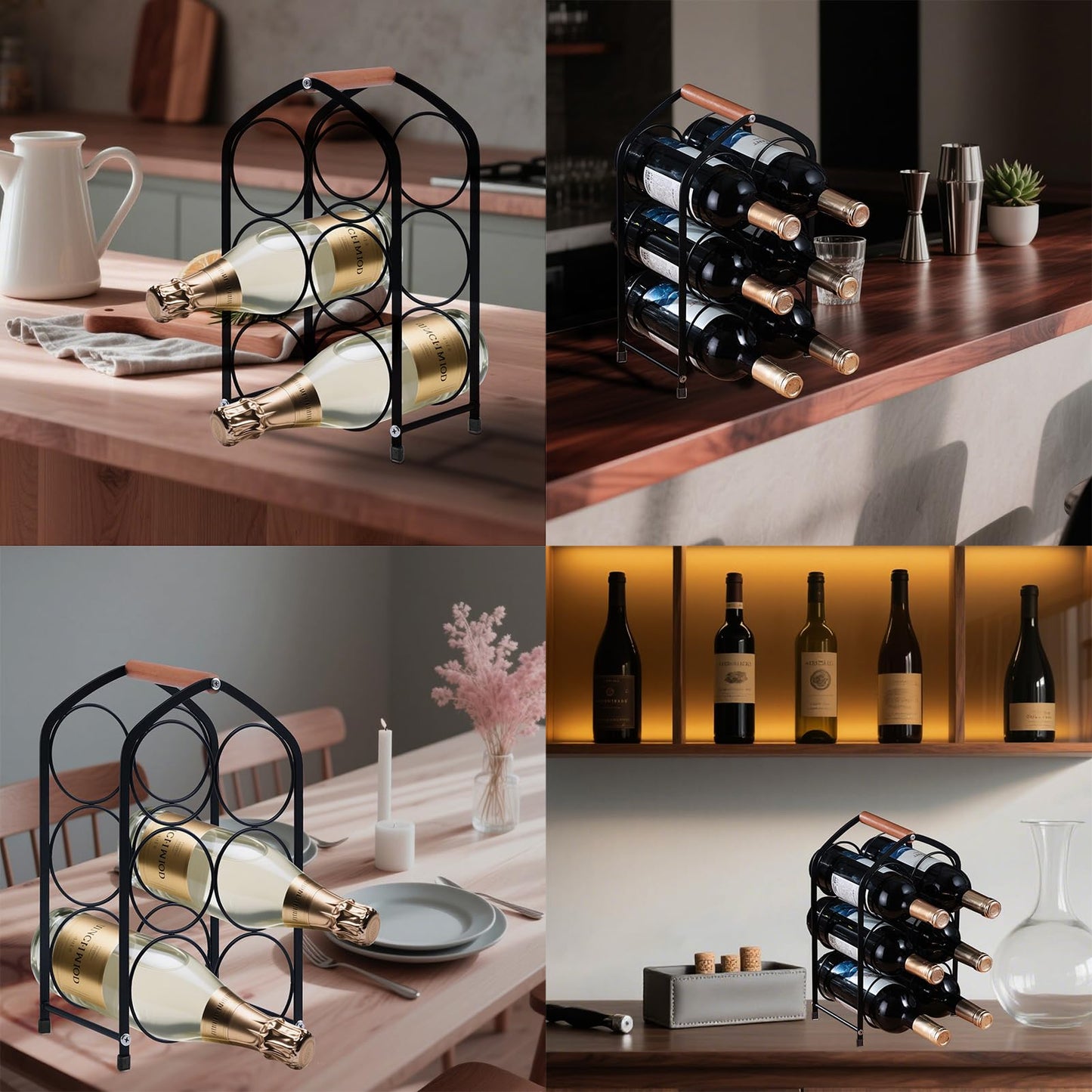 Yaltar Wine Rack countertop Wine Bottle Holder Metal Wine Rack, Industrial Style Honeycomb Design 6-Bottle Wine Storage with Wooden Handle, Easy Installation,for Home Kitchen Bar/Cabinet