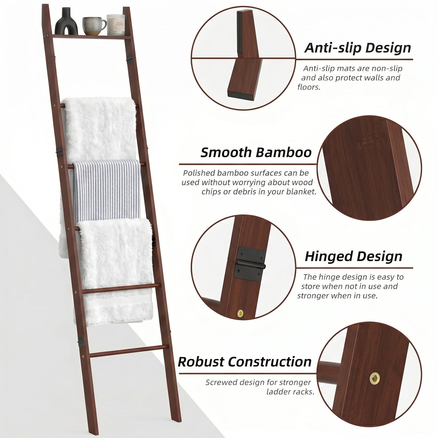 Plusinthebox 6 Tier Blanket Ladder with Shelf, Wooden Blanket Rack for Living Room, Leaning Towel Ladder Rack for Bedroom, Bathroom, Quilts, Throws, Towels and Farmhouse Décor Black
