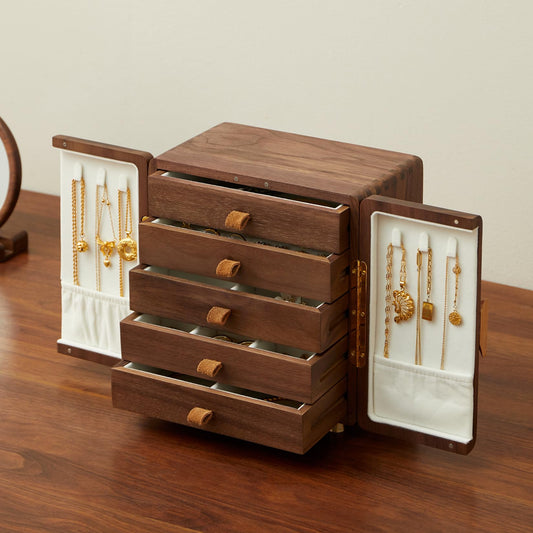 THFLSTR Solid Black Walnut Wood Jewelry Box for Women & Men, Large Velvet Lined Wooden Jewelry Organizer with 5 Drawers, Hand Carved Ginkgo Leaf Handles, Double Door Wardrobe Design