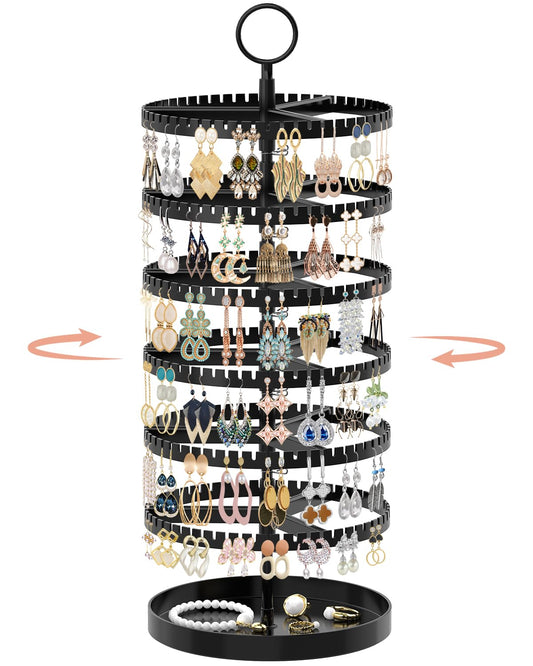iDavosic.ly 6 Tier Rotating Earring Holder Organizer with Metal Tray, Adjustable Plastic Dangle Display Stands Tree with 342 Grooves, Large Hoop Storage Rack Tower, Black