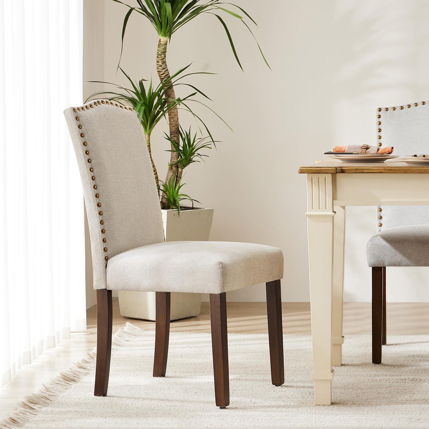 DUMOS Dining Chairs Set of 2, Modern Kitchen Table Chairs with Wooden Legs and Padded Seat, Mid Century Upholstered Accent Chair for Dining Room Kitchen Living Room Restaurant, Beige