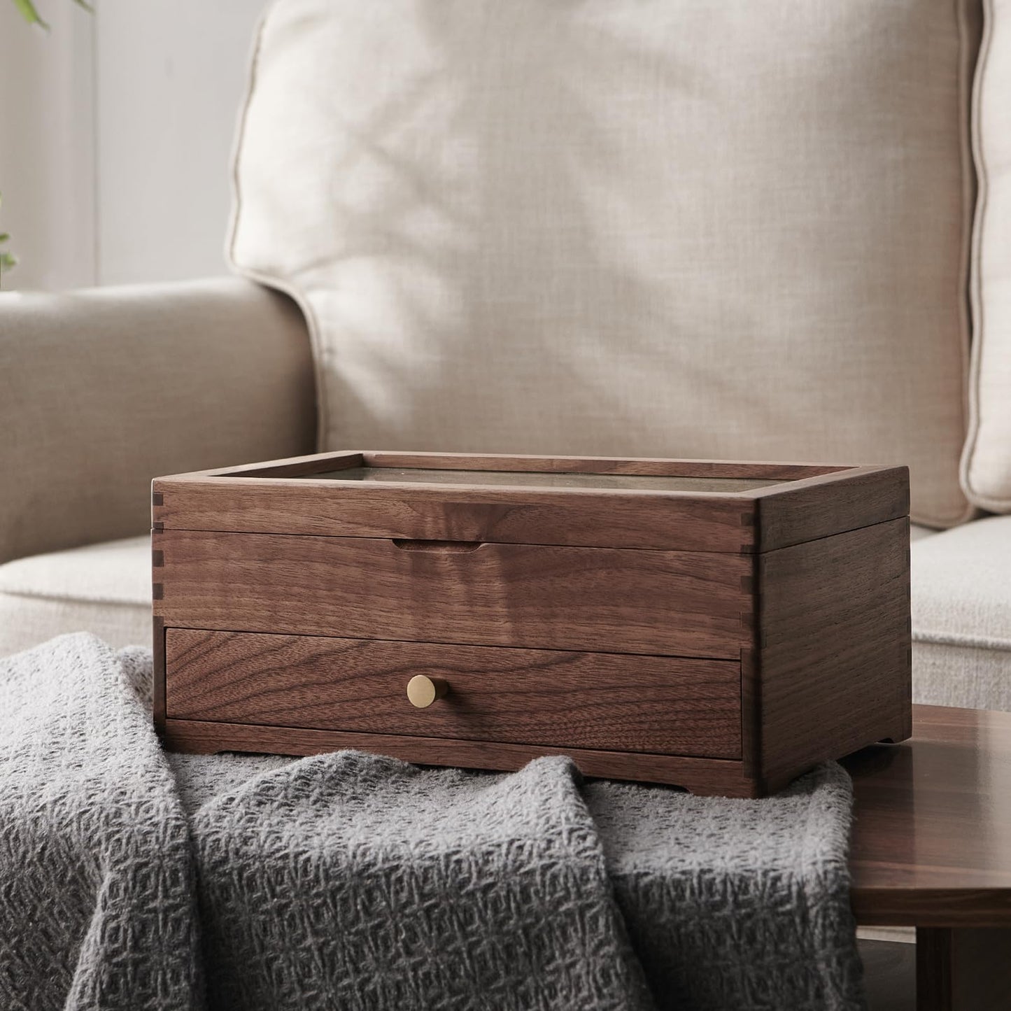 Beexchange Black Walnut Wooden Jewelry Box - Allwood, Handcrafted, Glass Lid 1 drawer. Gift for Women, Men, and Girls. Jewelry Organizer Storage(Double-Layer)