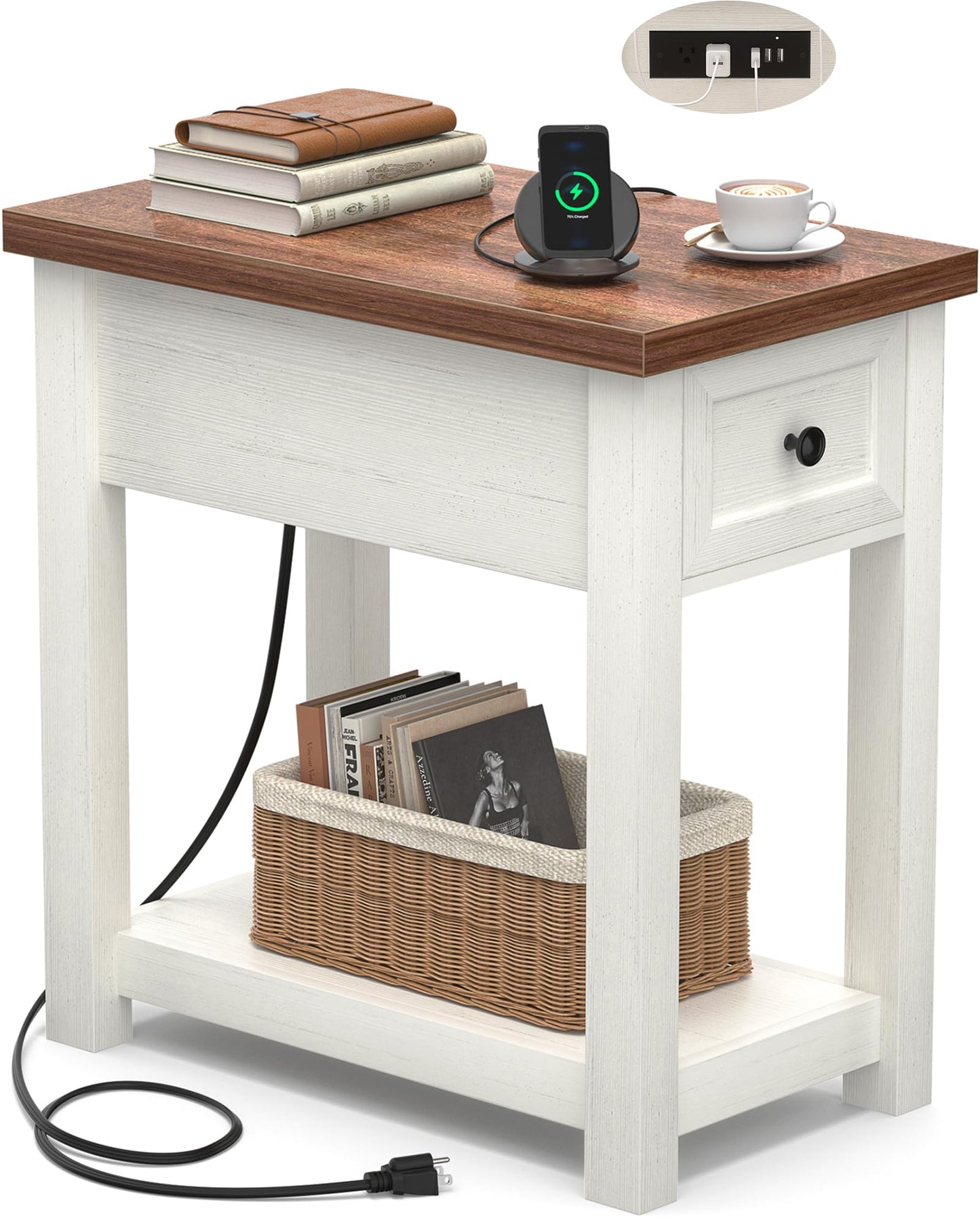 Narrow End Table with Charging Station - Farmhouse Side Table with Drawer, 14" Wide Wood Nightstand Slim Couch Bedside Table for Living Room Bedroom Small Spaces, 2-Tone Antique White & Brown