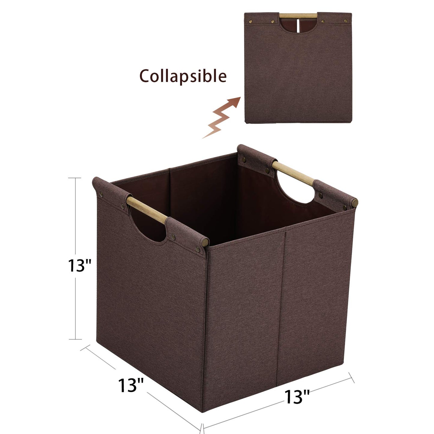 HOONEX Collapsible Storage Bins, 13x13x13 Inches Storage Cubes Linen Fabric, 3 Pack, Storage Baskets with Wooden Carry Handles and Sturdy Heavy Cardboard, for Home, Office, Car, Nursery, Brown