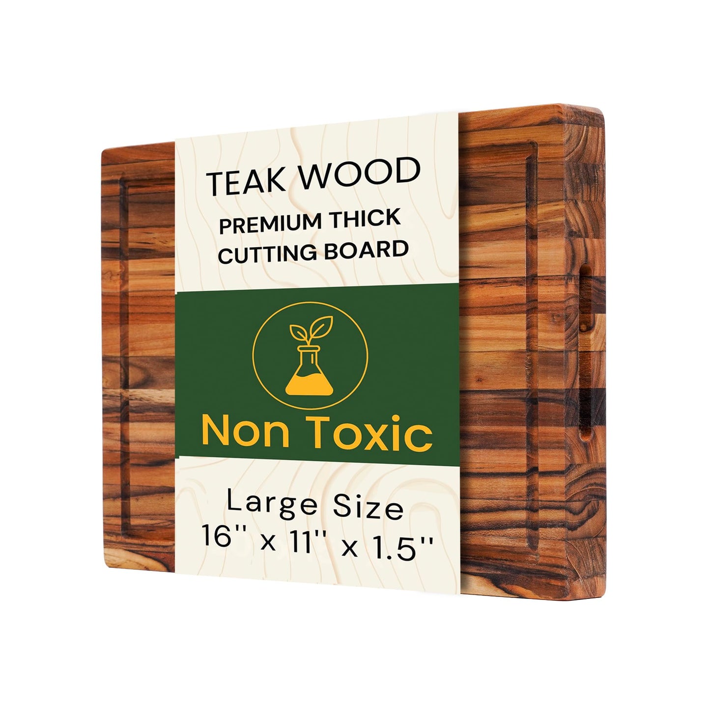 Large Teak Cutting Board 16" x 11" x 1.5" Thick Edge Grain Butcher Block for Meat & Kitchen Prep with Juice Groove and Handle, Solid Hardwood, Non Toxic Wood Cutting Board by New M Way
