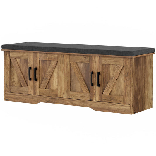 HOMSHO 2-Tier Storage Bench, 47.2" Wide Shoe Bench with Padded Seat Cushion, Entryway Bench with 4 Barn Doors and Adjustable Shelf, Rustic Walnut