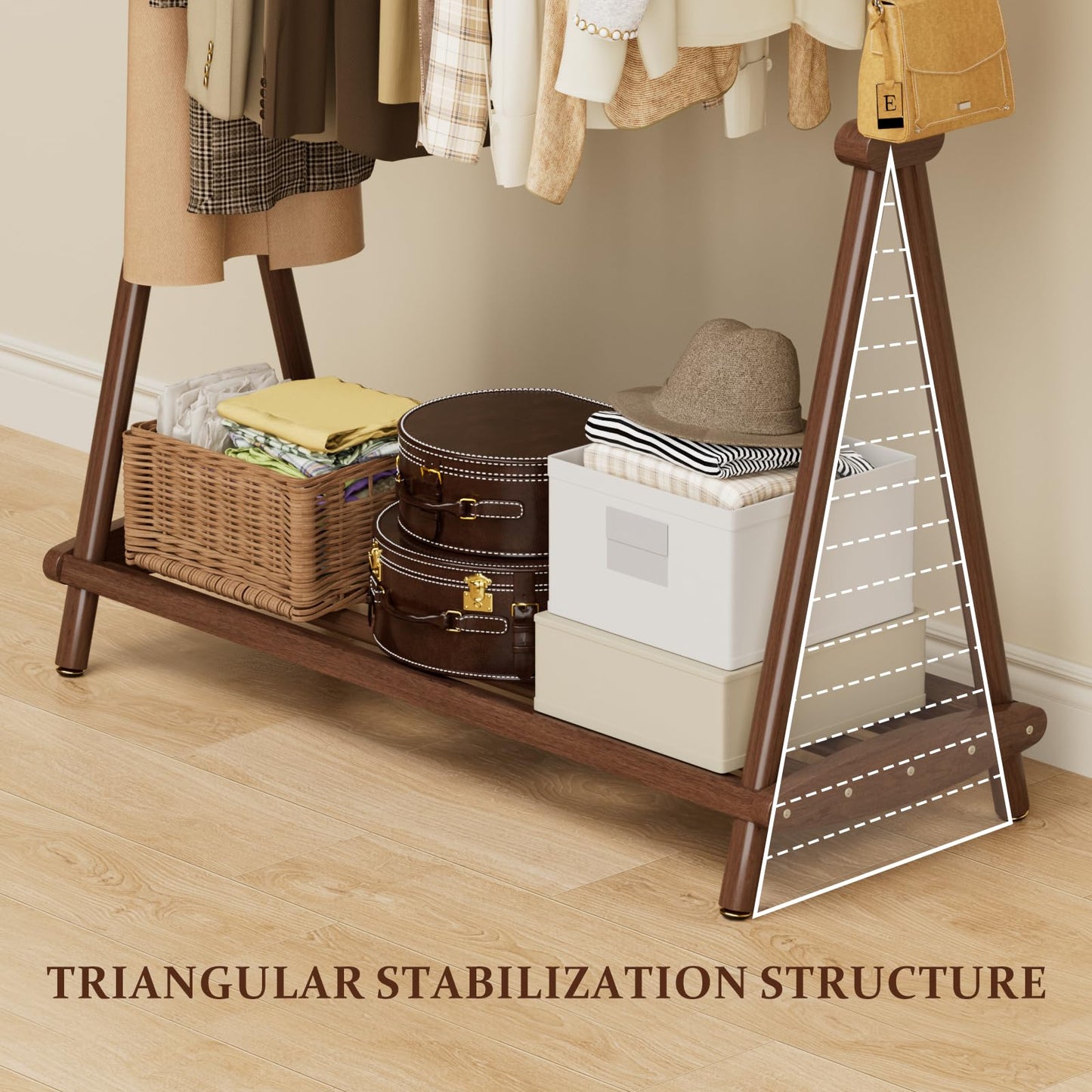 Wamhom Solid Wood Clothes Rack,Freestanding Garment Rack & Coat Tree,Extra-Long 39.38" Hanging Rod, Double Storage Shelves for Bedroom, Entryway, Hallway