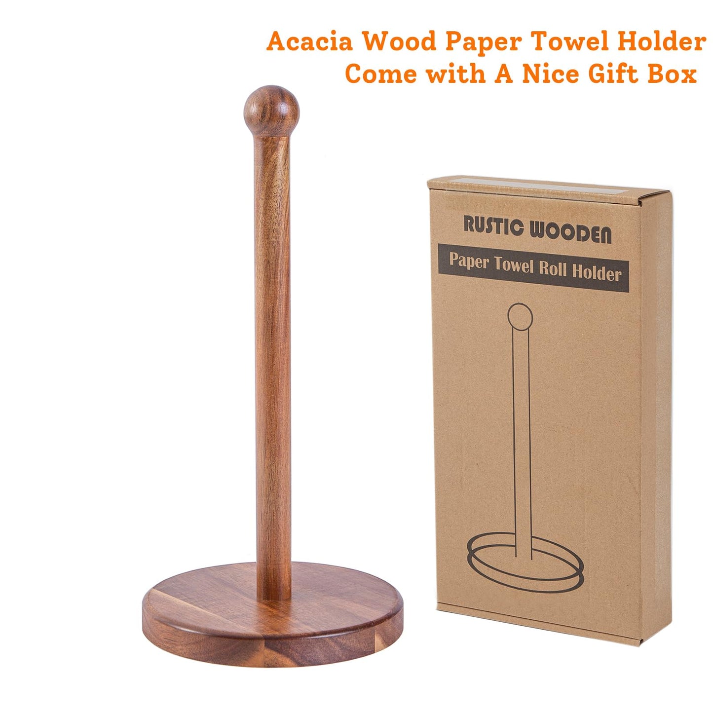 14" Acacia Wooden Paper Towel Holder, Wooden Paper Towel Roll Stand 6.7" Large Heavy Base Organizer Standing, Rustic Farmhouse Paper Towel Holder Stand, Paper Towel Roll Holders Free Standing SGL