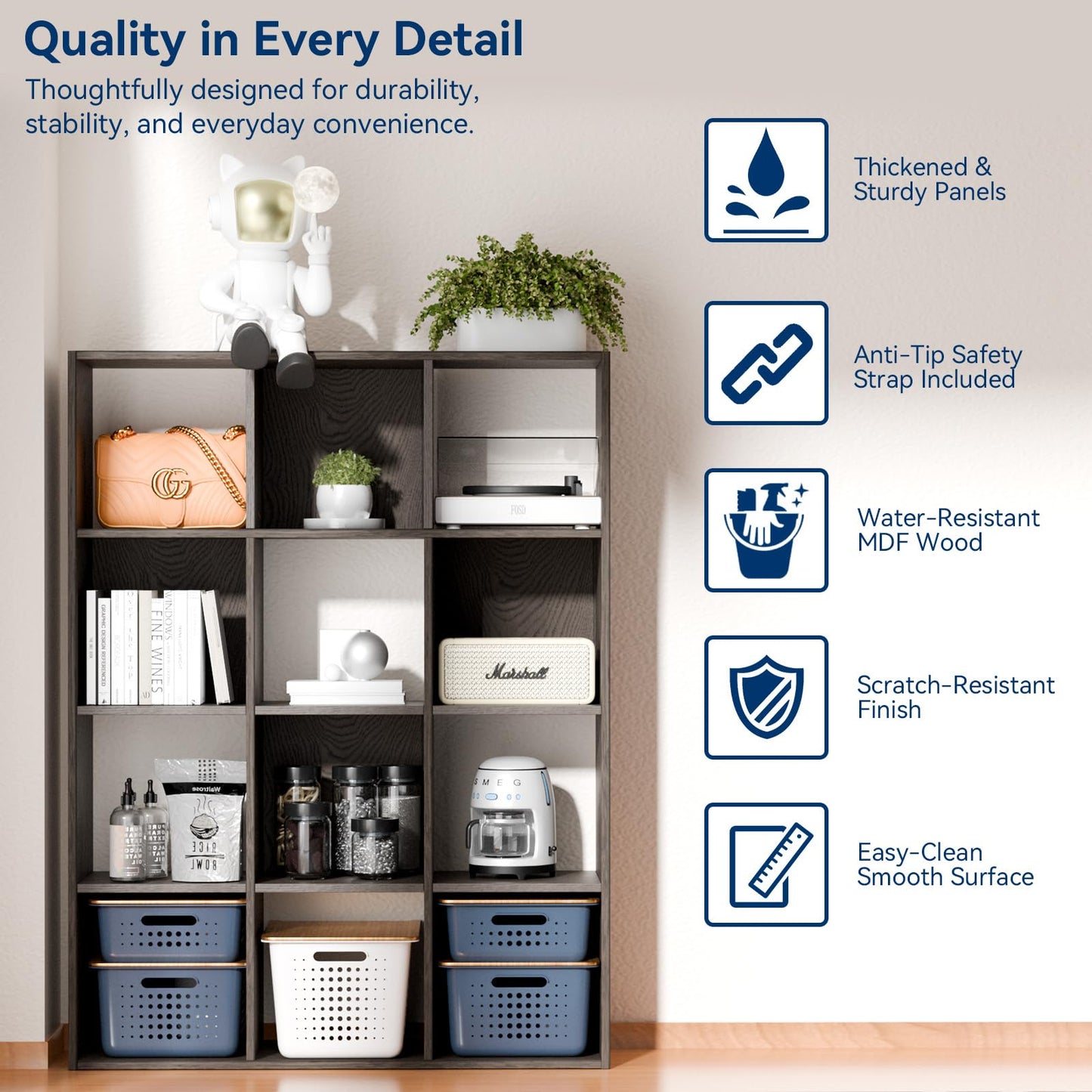 Whitmor 12 Cube Storage Organizer, 4 Tier Stackable Mdf Wood Bookcase, Open Storage Display Bookshelf, Storage Cabinet for Living Room, Bedroom, Home, Office, 35.1"L x 11.7"W x 47.5"H, Espresso