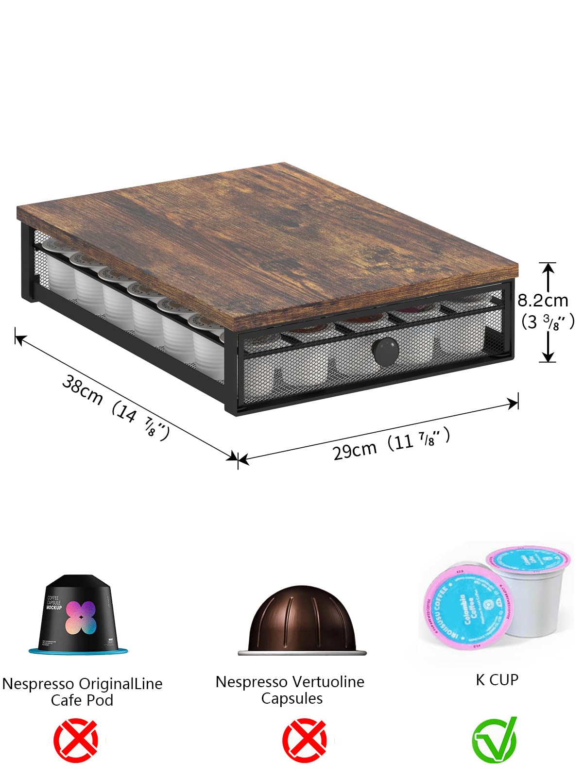 Sedegn Coffee Pod Holder Counter Coffee Vertuo Capsules Storage Organizer with Sliding Drawer Compatible For 35 K-Cup Pods No Assembly Needed Rustic Brown