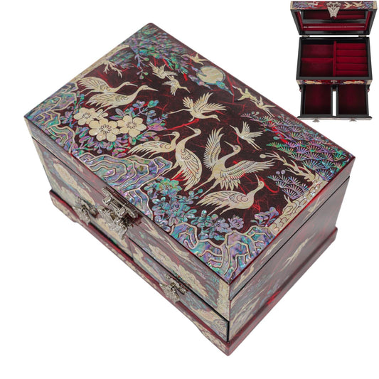 February Mountain Korean Mother of Pearl Jewelry Box – 2-Drawer Keepsake Box with Mirror, Traditional Oriental Trinket Organizer – Gift for Women, Mom, Wife, Anniversary (Crane and Pine tree - Red)