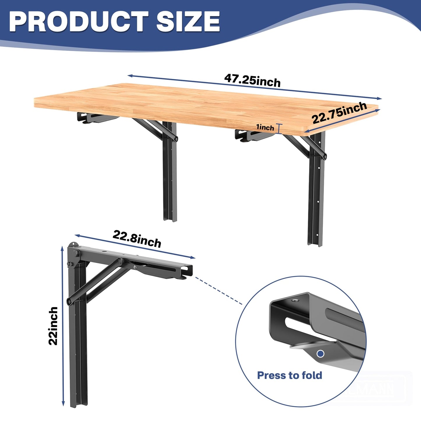 WALMANN Space Saving Wall Mounted Folding Workbench, Heavy Duty Folding Wall Table/Desk for Garage, Workshop, Holds Up to 550 lbs(Tabletop Size: 47.25 x 22.75inch)