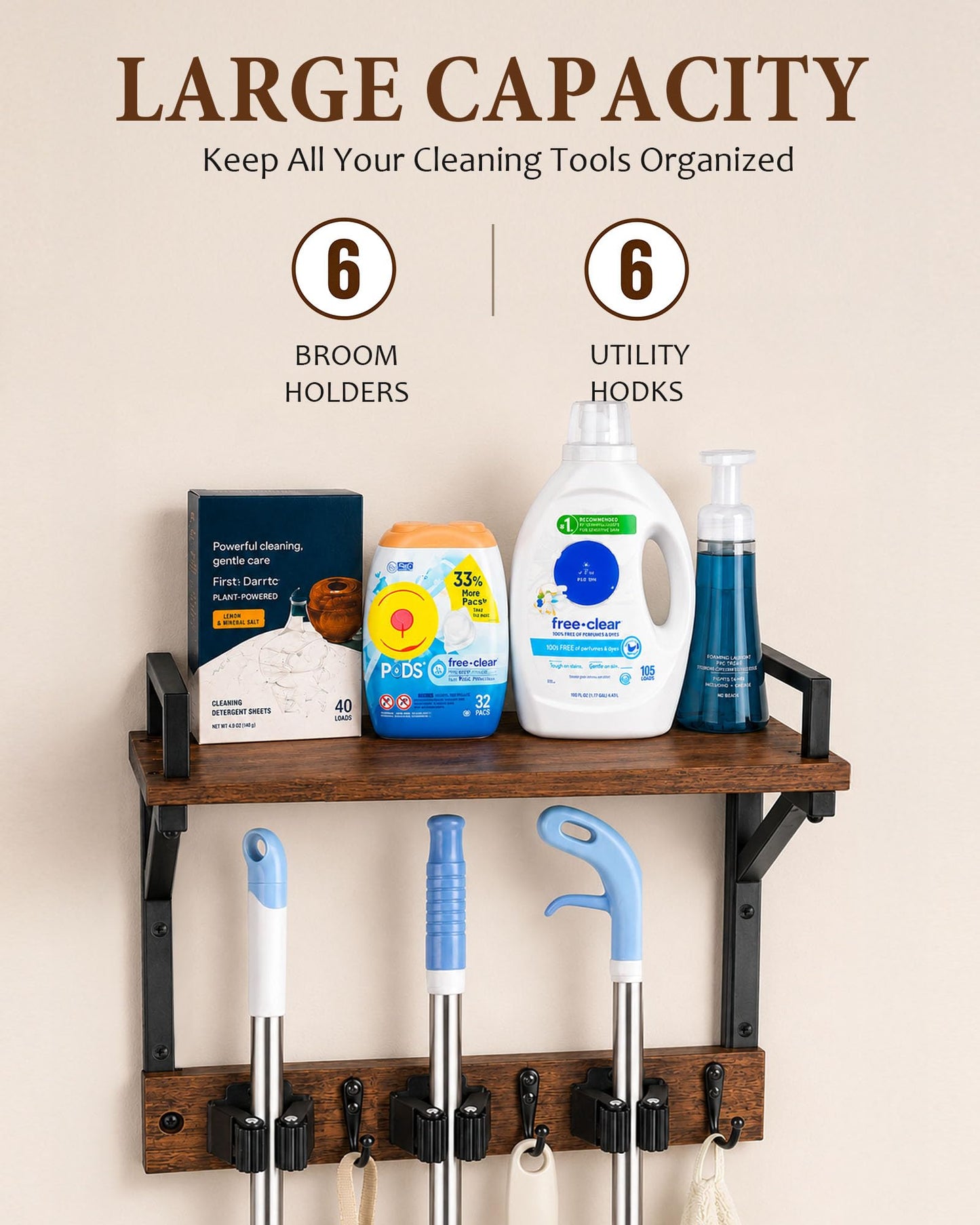 Lorbro Broom Holder Wall Mount with Cleaning Supplies Storage, Heavy Duty Broom and Mop Organizer Wall Hanging, Wooden Mop Organizer Hanger, 3 in 1 Storage Shelves for Laundry Room, Garage, Closet
