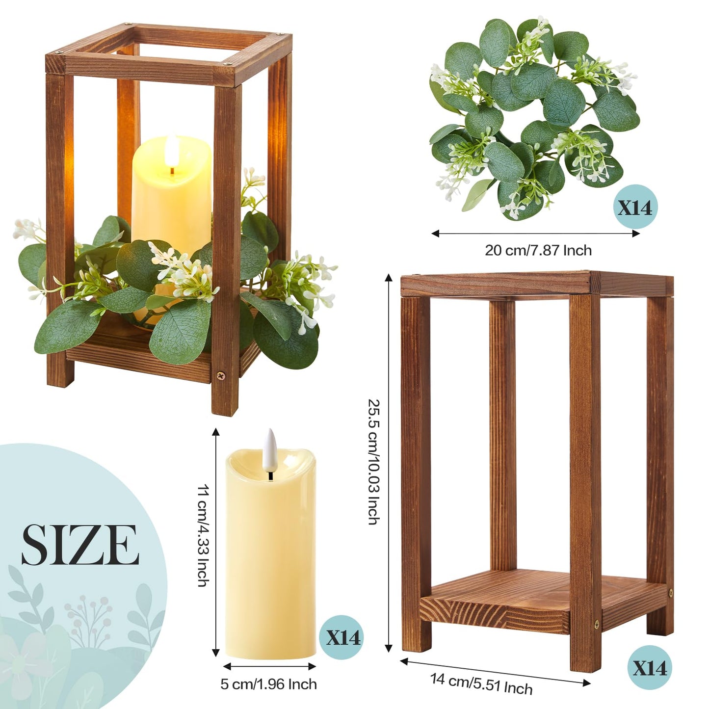42 Pcs/14 Set Wooden Wedding Lantern Centerpiece,Wooden Centerpieces for Tables-with 14 Holders 14 Candles 14 Wreaths for Rustic Table Decoration Country Barn Wedding Party (Brown)