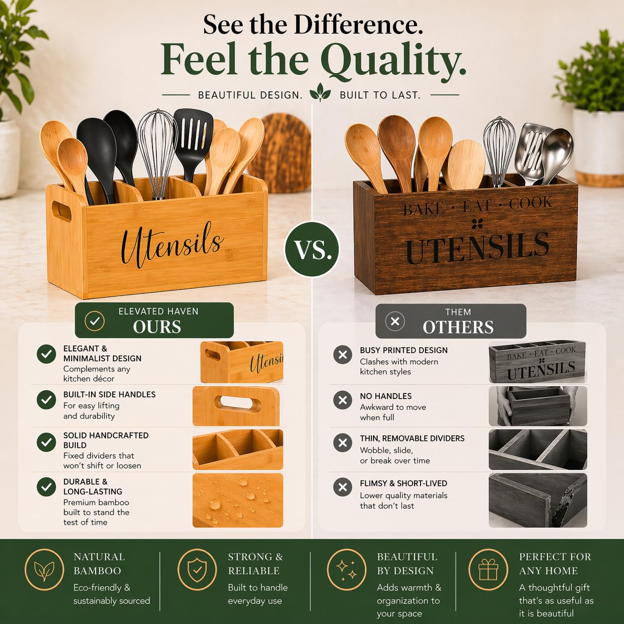 Bamboo Kitchen Utensil Holder for Countertop – Large 3-Compartment Cooking Utensil Organizer & Caddy with Drain Holes, Farmhouse Bamboo Holder for Kitchen Counter, Wood Storage for Spatulas & Spoons