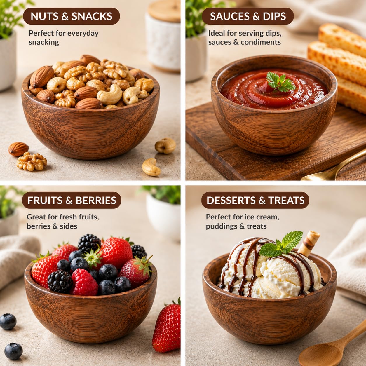 RIANGI Wooden Bowls Set Of 6 Small Acacia Wood Bowl Dessert And Snack Cups 4.2 X 2 Inch 8 Oz Capacity Rustic Mini Wooden Bowl For Dips Condiments Ice Cream Nuts