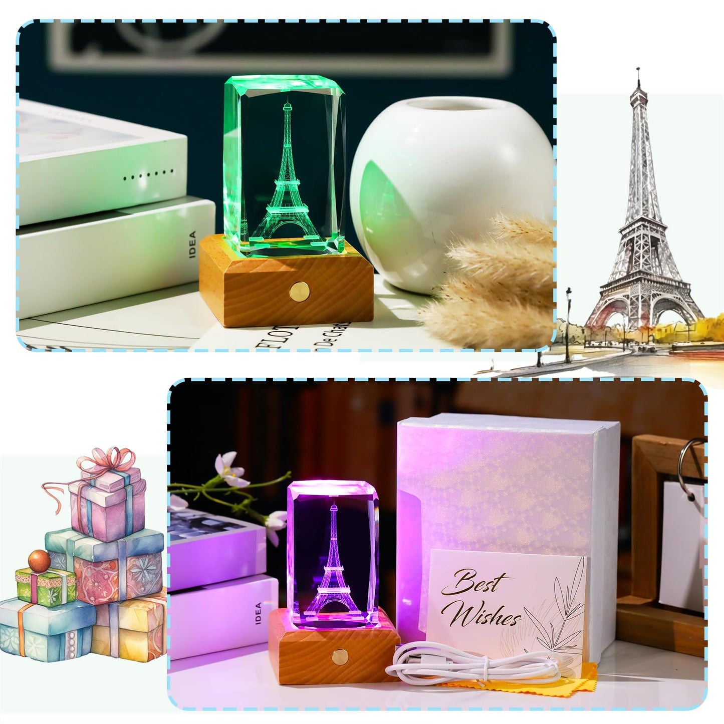 Arikyrist 3D Crystal Eiffel Tower Figurine Paris Gifts for Women, Laser Etched Eiffel Tower Decor with Wooden Light Base, Paris Themed Keepsakes France Souvenirs
