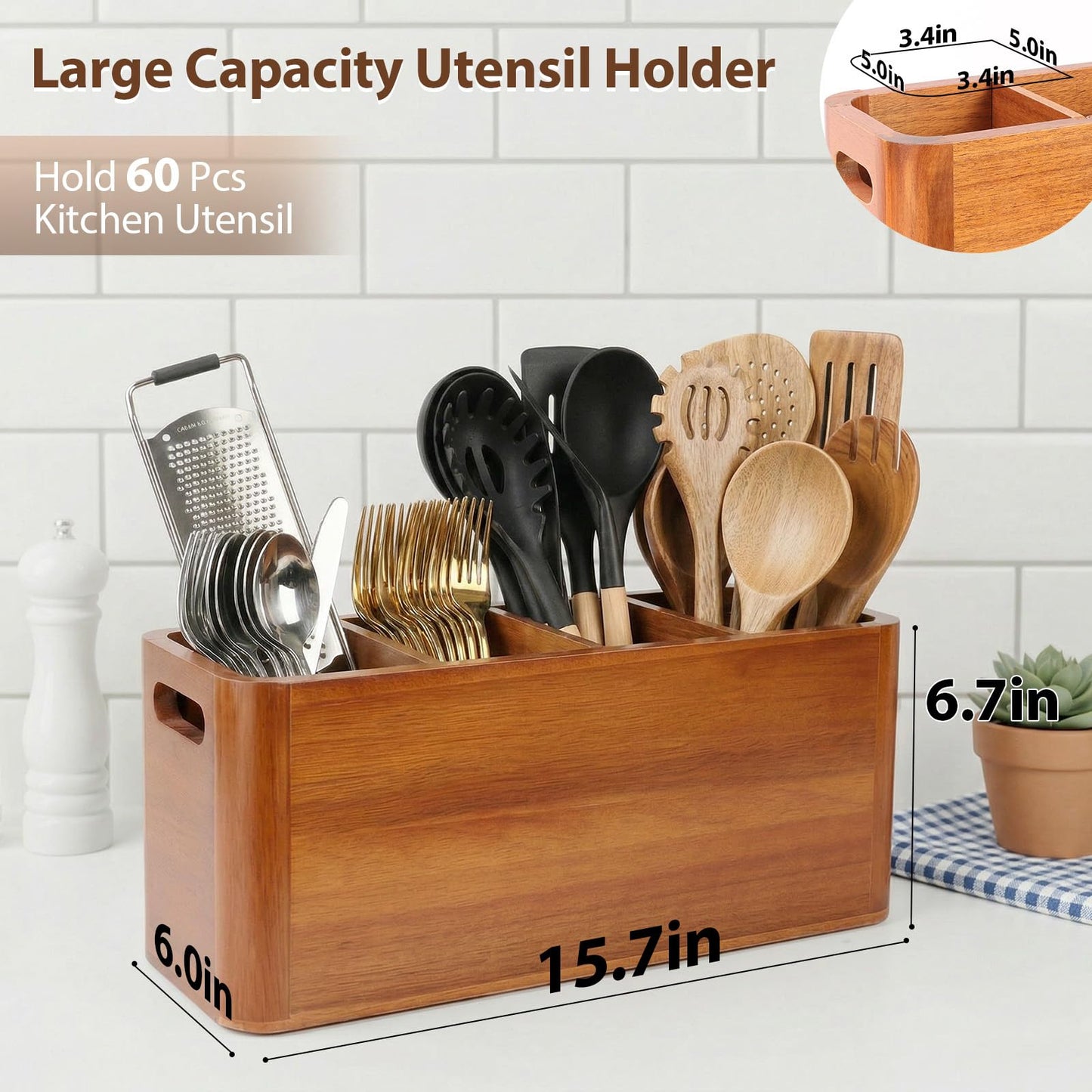 powerful xishan Kitchen Utensil Holder for Countertop with 3-Piece Wooden Utensil Set, Extra Large Acacia Wood Utensil Organizer, 4-Compartment Storage for Cooking Utensils, Silverware and Cutlery