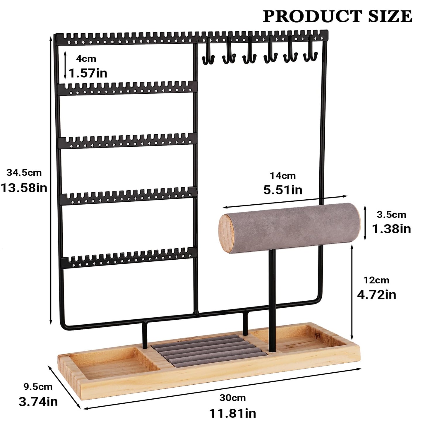 Ciormis 5 Tier Jewelry Holder Organizer, 72 Holes Earring Tree Holder Organizer 12 Hooks Necklace Rack Display Holder with Ring Storage Tray Bracelet Display Holder for Preppy Girl Friend Gift(Black)